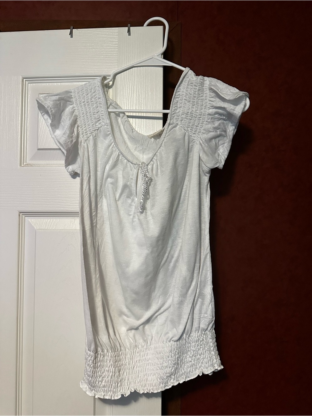 Derek Heart Cream Smocked Short Sleeve Peasant Top